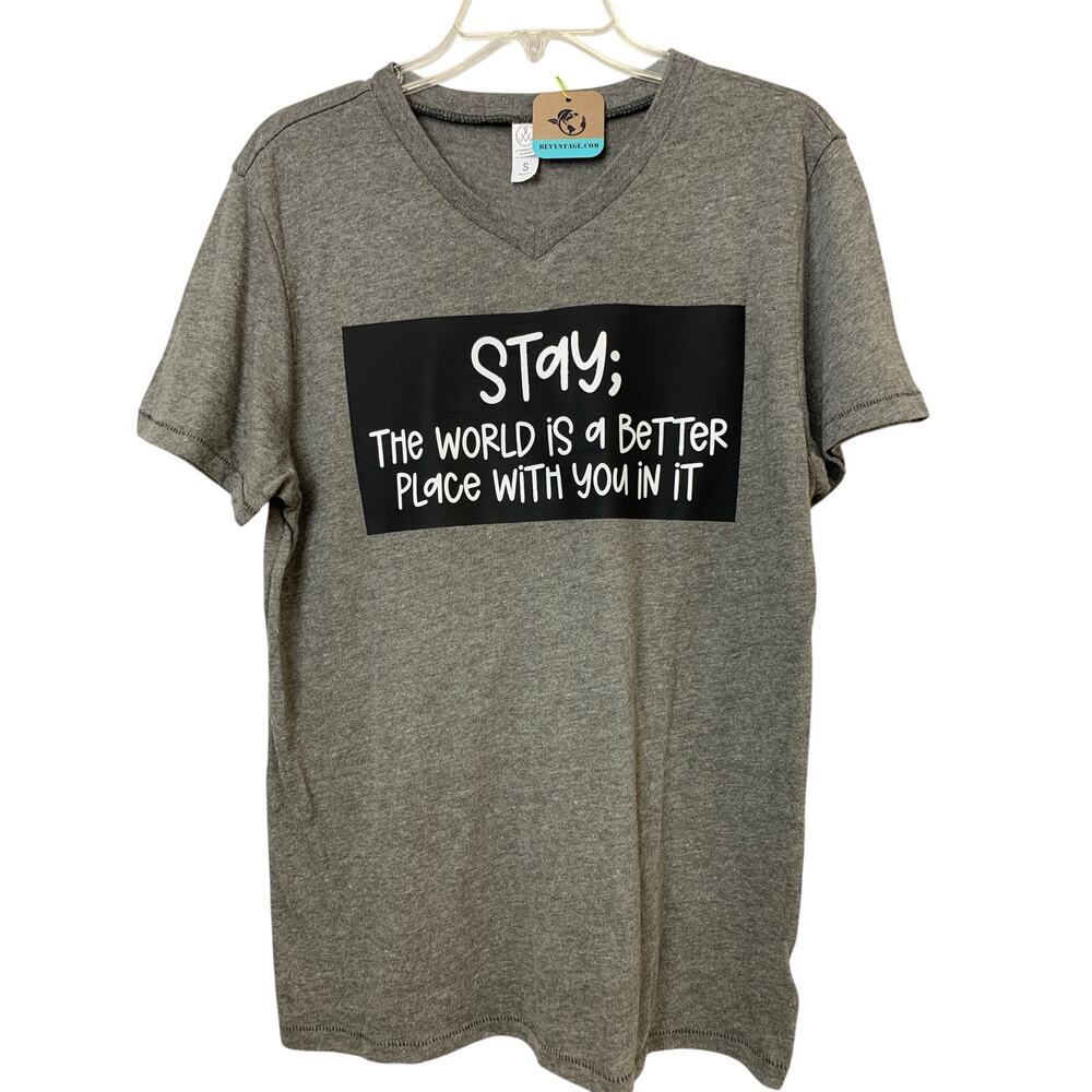 New Upcycled Hand Printed Womens Small VNeck Stay Suicide Prevention Tee Shirt